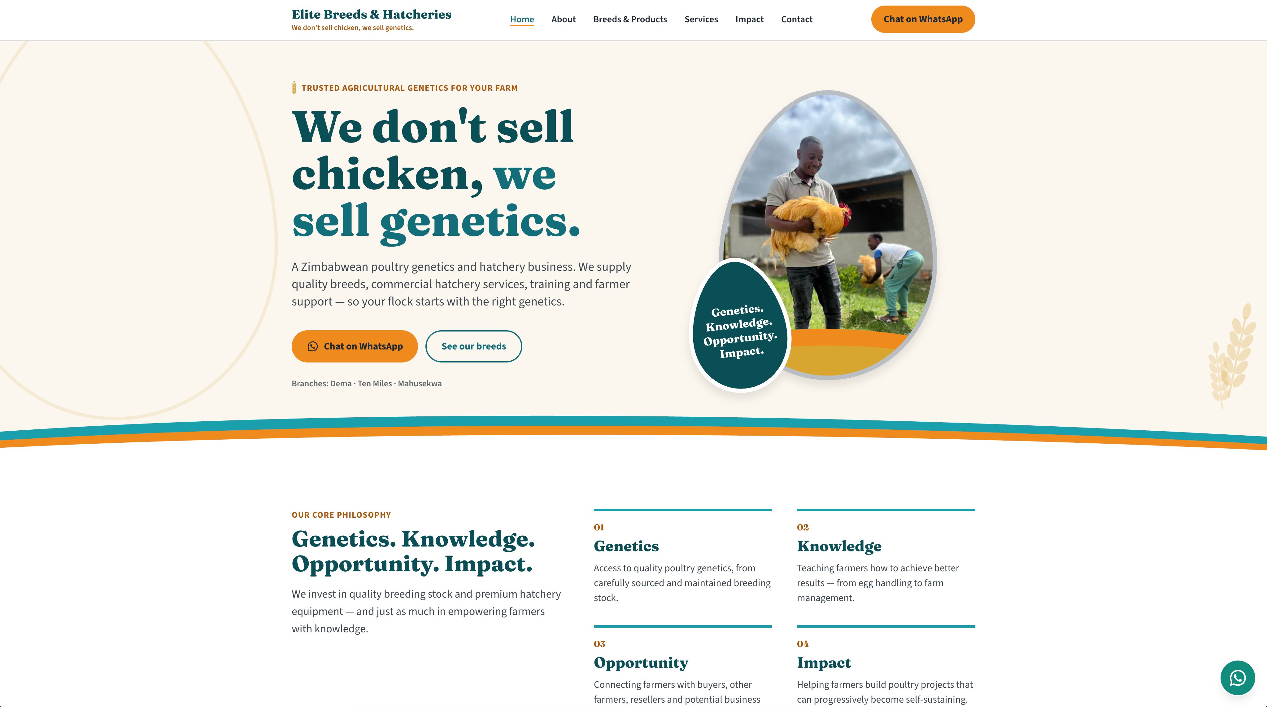 Elite Breeds & Hatcheries home page with the headline We don't sell chicken, we sell genetics, and a farmer holding a rooster