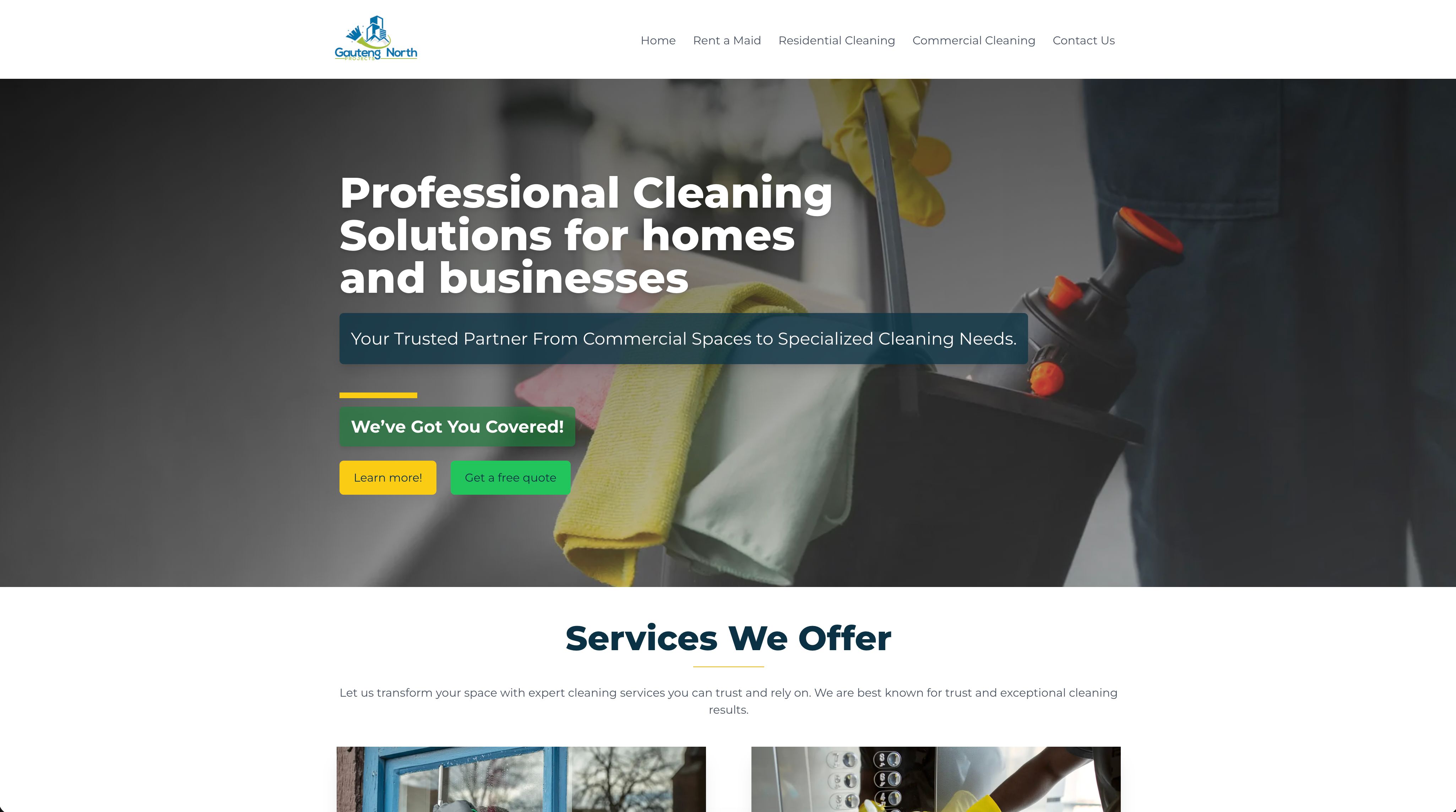 Gauteng North Projects home page with the headline Professional Cleaning Solutions for homes and businesses and a Get a free quote button