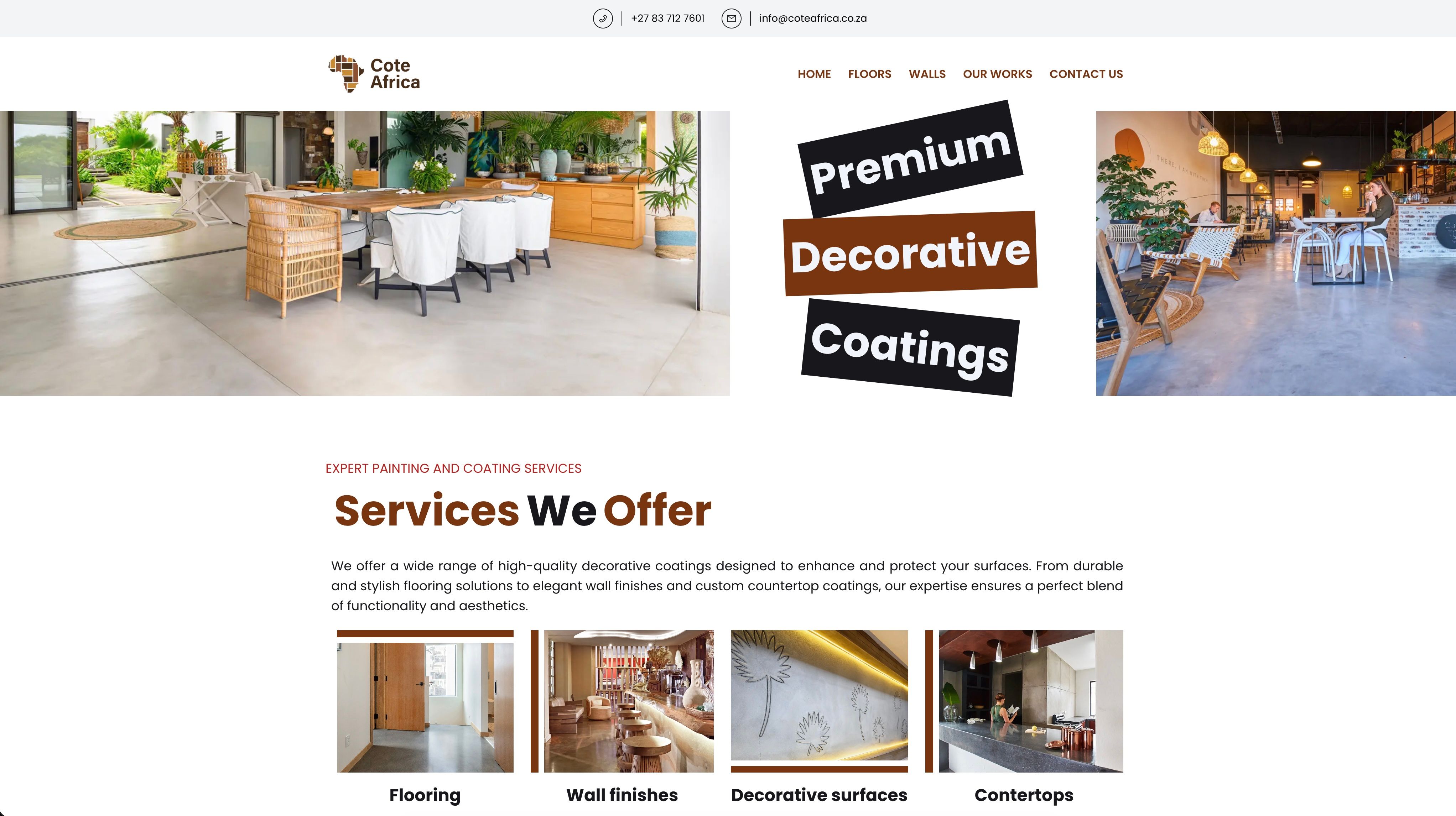 Cote Africa home page with photos of polished cement floors and the words Premium Decorative Coatings